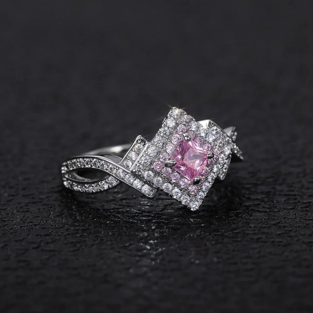 😍Beautiful Silver Pure Pink Double Layer Weave Princess Cut CZ Ring, K832_4